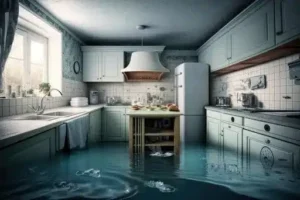 A kitchen is partially flooded with water covering the floor. Cabinets and appliances are visible, and light streams in from a window.