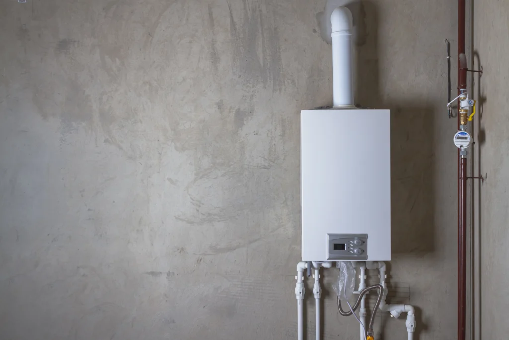 A white tankless water heater mounted on a textured gray wall with visible pipes and a vent.