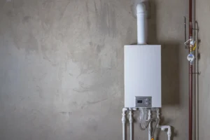 A white tankless water heater mounted on a textured gray wall with visible pipes and a vent.