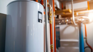 A white water heater with a digital control panel stands in a room with red and copper pipes in the background.