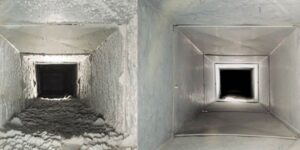 Side-by-side view of air ducts; the left duct is covered in dust and debris, while the right duct is clean—showing the benefits of regular maintenance, especially when using blown-in insulation.