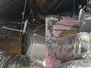 Two views of an attic with HVAC ductwork and insulation; silver air ducts and a furnace unit are visible amid pink insulation, exposed wooden beams, and signs of water presence in the surrounding area.